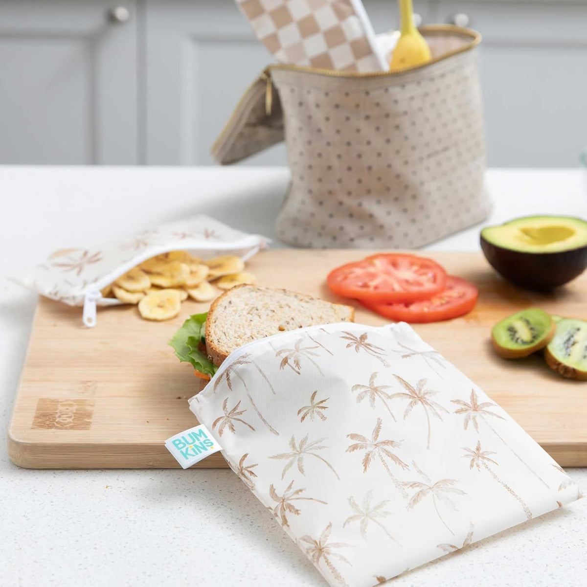 Bumkins -Cloth Snack & Sandwich Bags -For Storage, Travel, Food Prep, Lunch -Reusable, Water Resistant, Washable, Dishwasher Safe -Snack Bags for Kids -Zipper Closure -Beige Check & Palm Trees -4 Pack