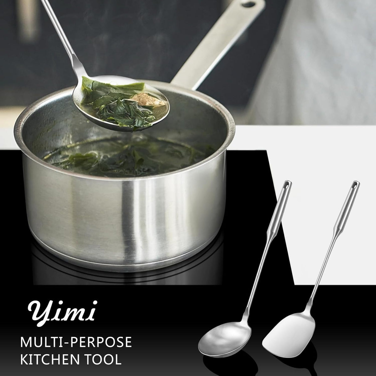 Wok Utensils Tools for Carbon Steel, Stainless Steel 2-Pieces Wok Spatula Soup Ladle Set, Wok Tools Professional Set, Heat-Resistant Handle, Ideal for Gift