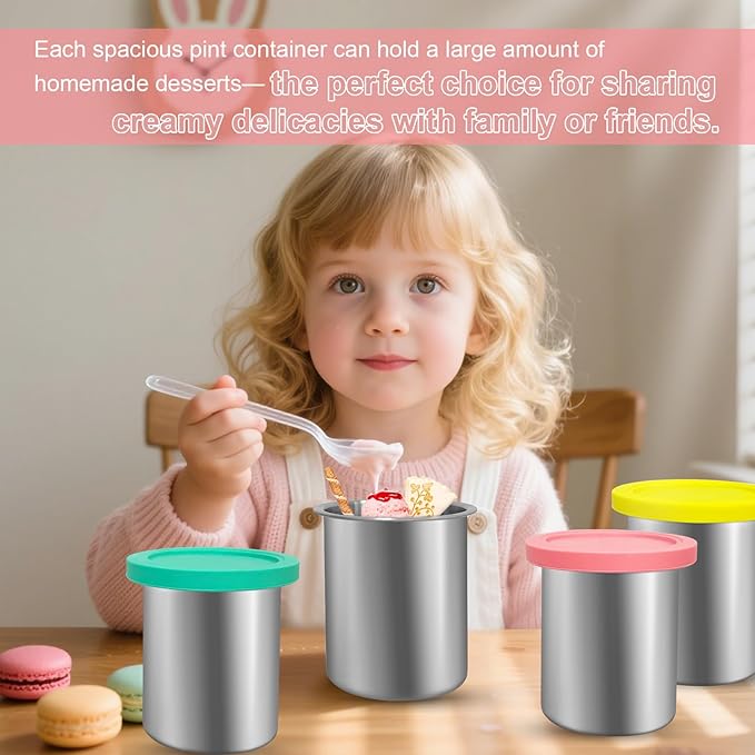 Stainless Steel Pint Containers & Lids Compatible with Ninja Creami ice Cream Maker NC500, NC501, CN501CO Delux Series– 6 Pack, 24 oz, Silicone Lids, BPA-Free, Dishwasher Safe