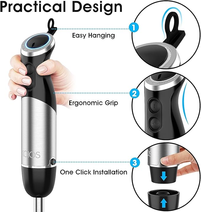 KOIOS Upgraded Immersion Blender Handheld, 1000W 12-Speed 5 in 1 Hand Mixer Stick Blender with 304 Stainless Steel Blade,Food Processor,Beaker,Egg Whisk&Milk Frother,Non-BPA,Smoothies Purée Baby Food