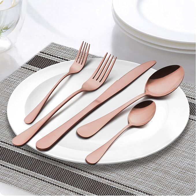 LIANYU 10-Piece Copper Silverware Flatware Set for 2, Stainless Steel Cutlery Set with Knives Spoons Forks, Eating Utensils for Wedding Festival Party, Mirror Finished, Dishwasher Safe