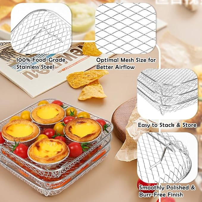 BYKITCHEN 7 Inch Air Fryer Rack Fit for Ninja Crispi/Ninja Pro 5QT/ Cosori 5QT/ Chefman 5-6QT Airfryer &More, Air Fryer Accessories, 3pcs Stackable Stainless Steel Airfryer Basket with Silicon Feet
