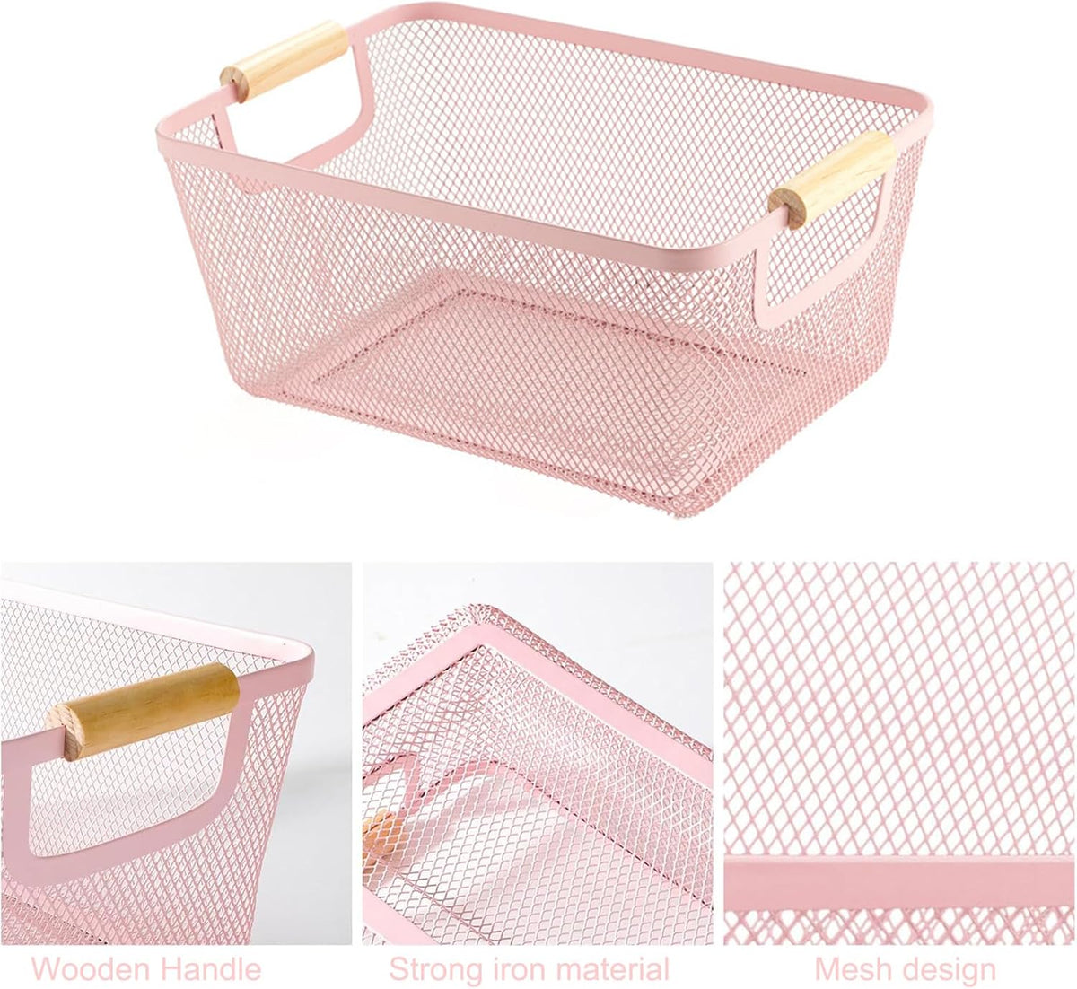 Metal Mesh Steel Basket, Medium Wire Storage Organizer Basket Multi-function Hanging Kitchen Basket with Wood Handle for Kitchen Bathroom Picnic Home, Rectangle-Pink