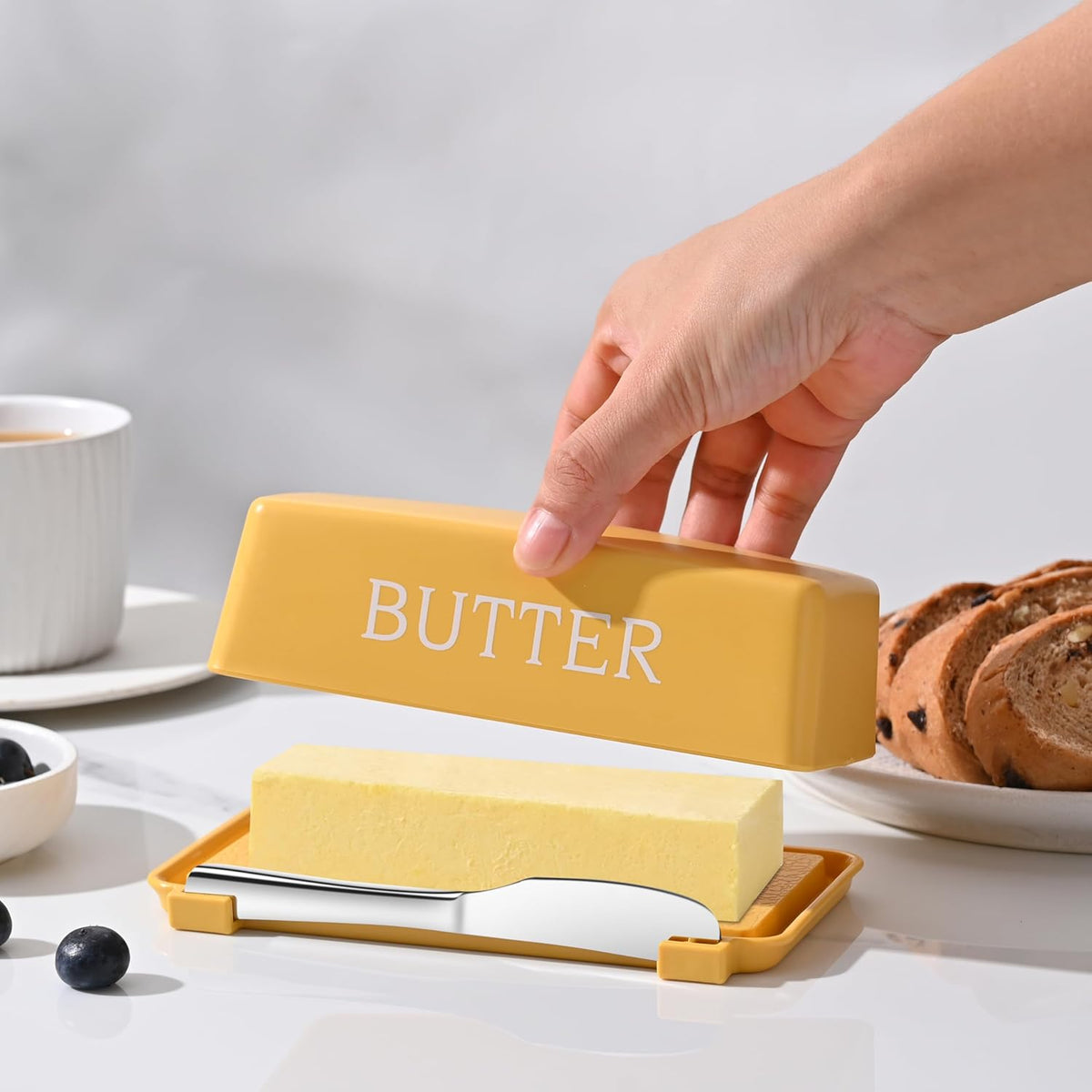 Butter Tray With Cover And Knife,Food Grade Plastic Butter Dishes With Lid And Stainless Steel Cheese Knife For Countertop,Yellow Cheese Storage Container