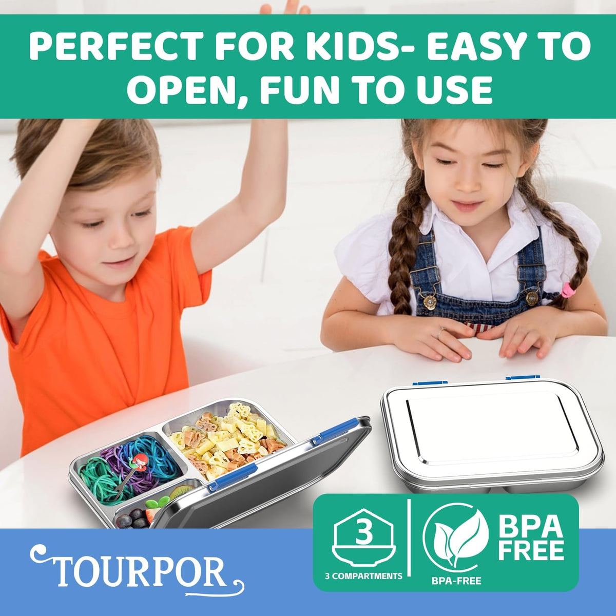 Stainless Steel Lunch Box 1000ml - 3 Compartment Bento Box for Kids & Adults, Leakproof Food Container, BPA-Free Metal Lunch Box with Silicone Seal, Eco-Friendly/Dishwasher Safe (Blue)