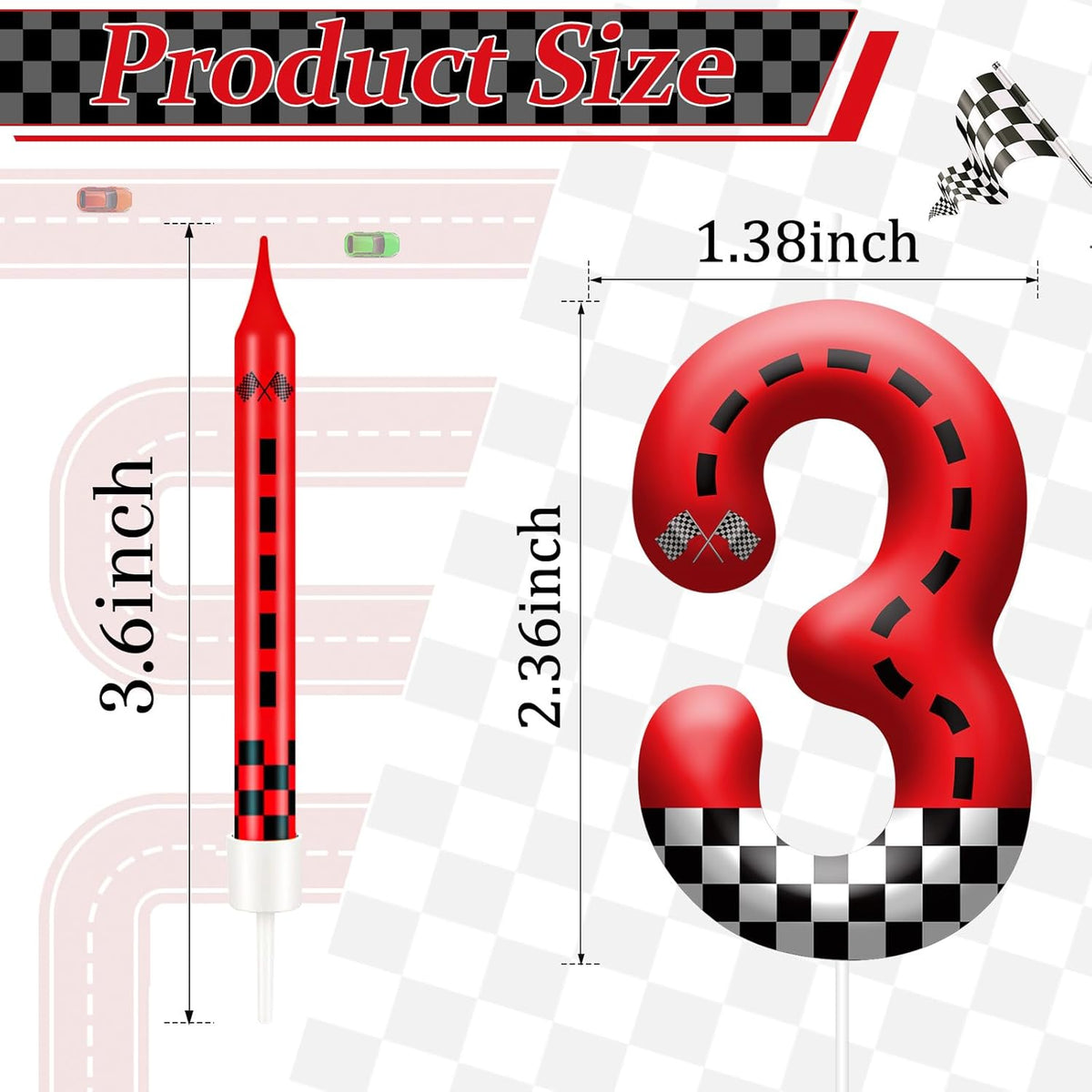13PCS Racing Car Theme Birthday Candle Set with Checkered Flag Design - Durable Cake Topper for Race Car Party Decorations, Kids Birthday Supplies - Number 3 Candle for Racing-Themed Celebrations