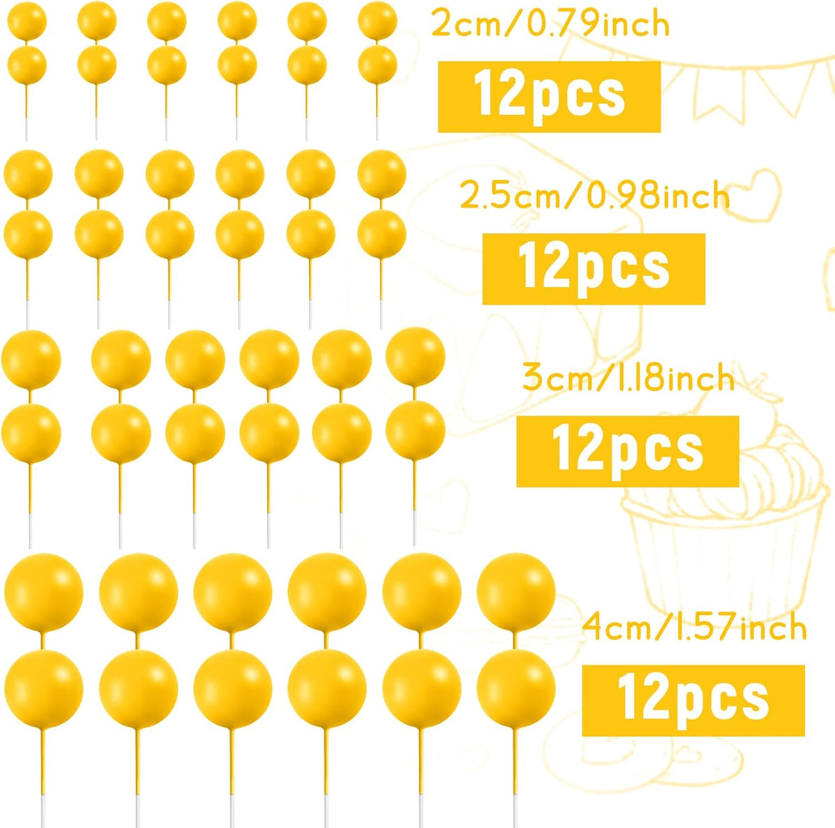 48 Pcs Yellow Cake Topper Decorations - Balloon Cupcake Toppers Foam Cake Balls for Birthday Party, Wedding Anniversary Cake Decorating