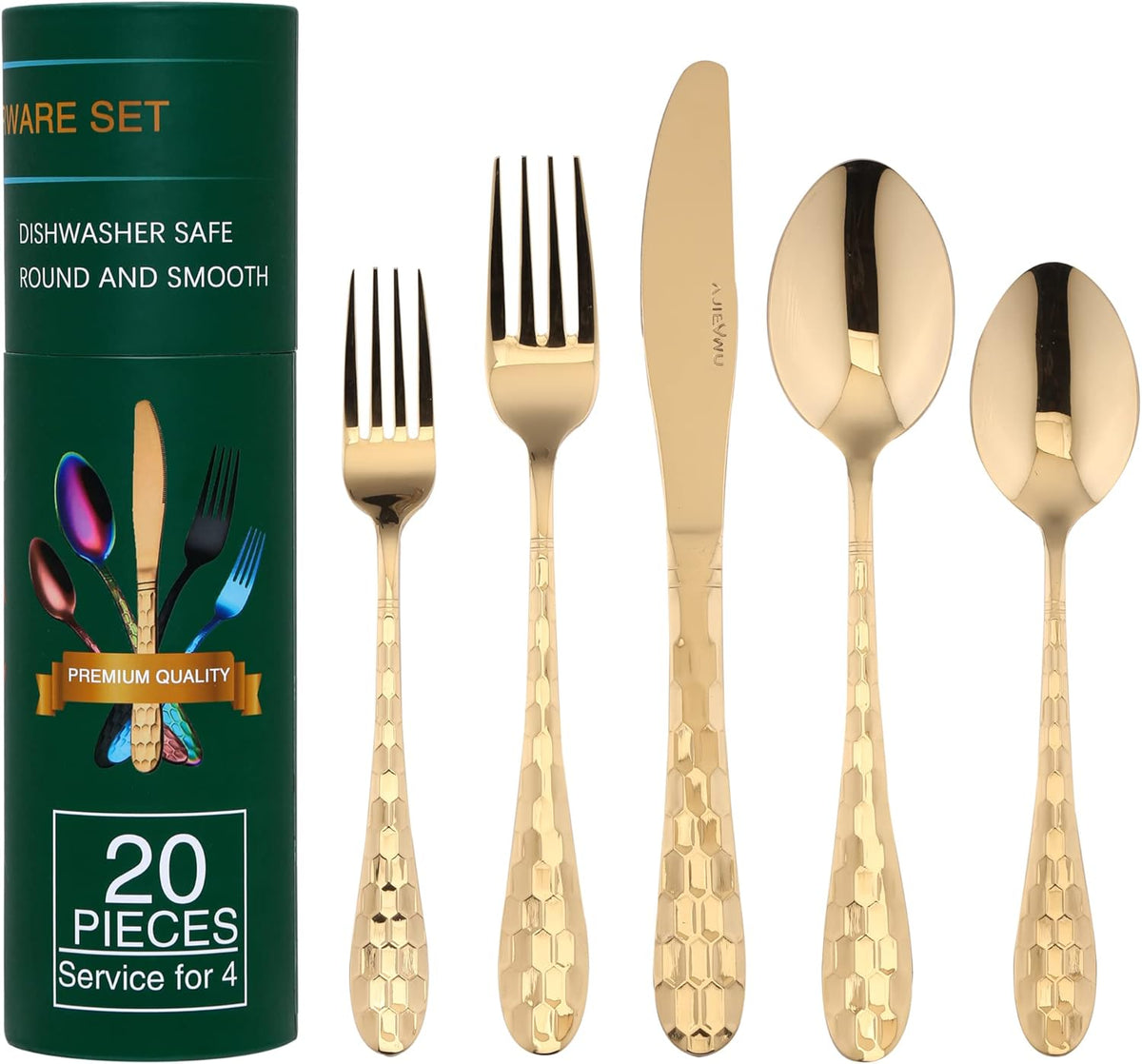 20 Piece Silverware Set for 4, Hammered Silverware Set 18/10 Stainless Steel Tableware Cutlery Flatware Spoons and Forks Set for Home Kitchen Restaurant, Unique Utensils Set Dishwasher Safe (Gold)