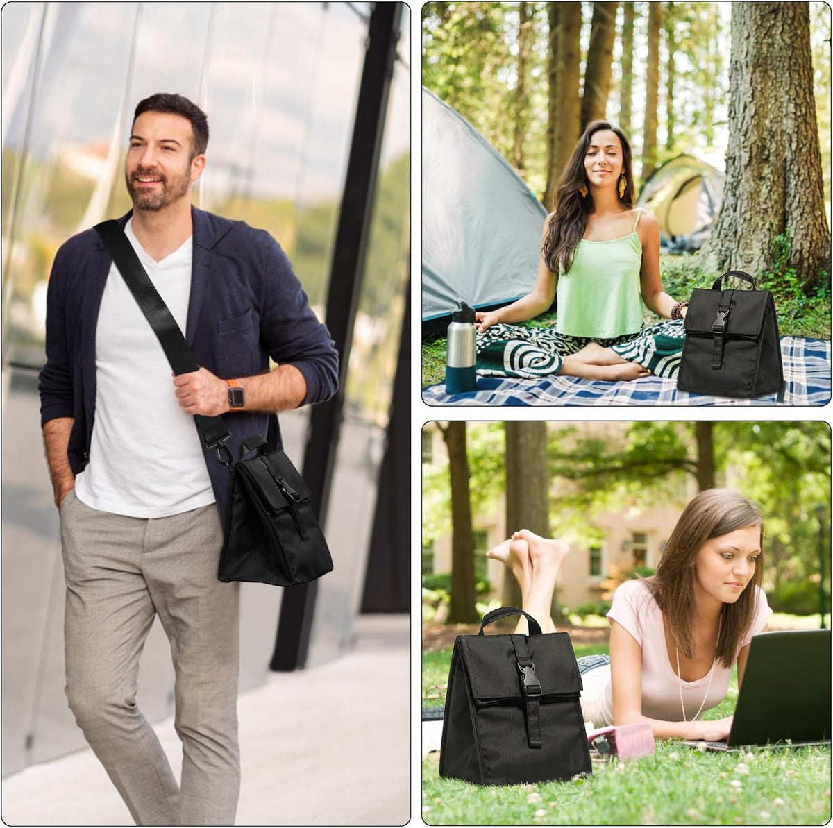 Insulated Foldable Lunch Bag- Lightweight Portable with Adjustable Shoulder Strap Lunch Box for Men, Women, Office, Work, Picnic, Hiking and Beach (Black(Soft Fabric))