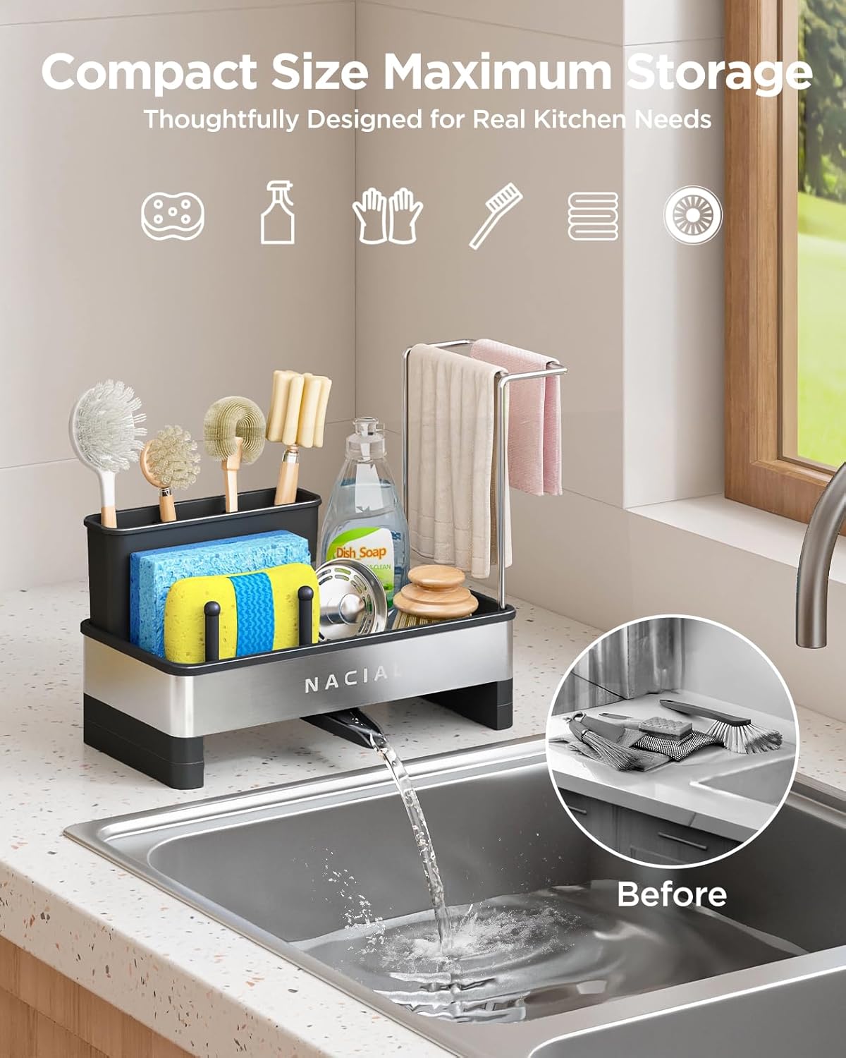 Nacial Kitchen Sink Caddy Organzier with High Brush Holder, Sponge Holder for Kitchen Sink with Two Towel Racks & Soap Dispenser- Rustproof 304 Stainless Steel Kitchen Countertop Storage Essentials