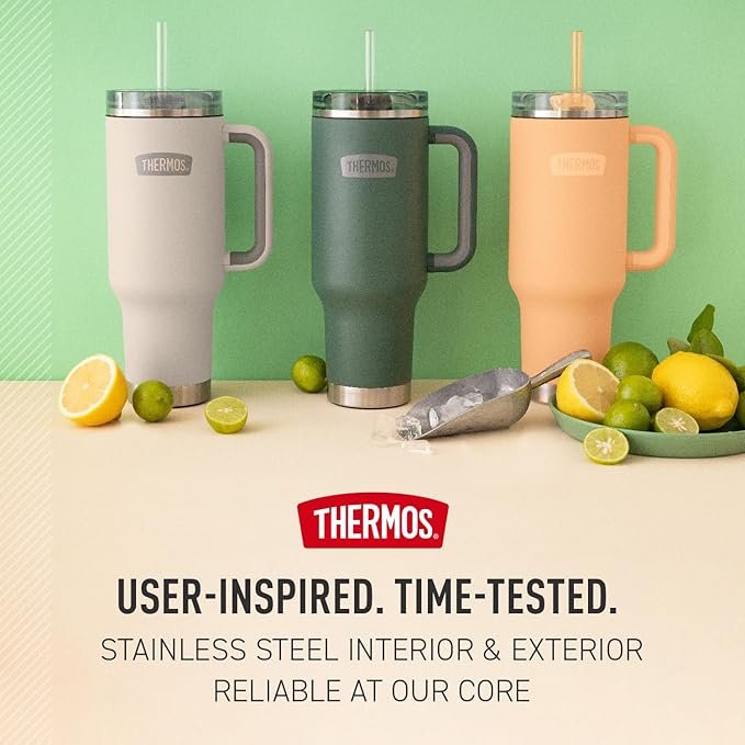 THERMOS Stainless Steel Cup Holder Mug - 40 Ounce, Sea Green - Insulated Tumbler with Lid and Straw, Plus Leak-Resistant Slide Lock