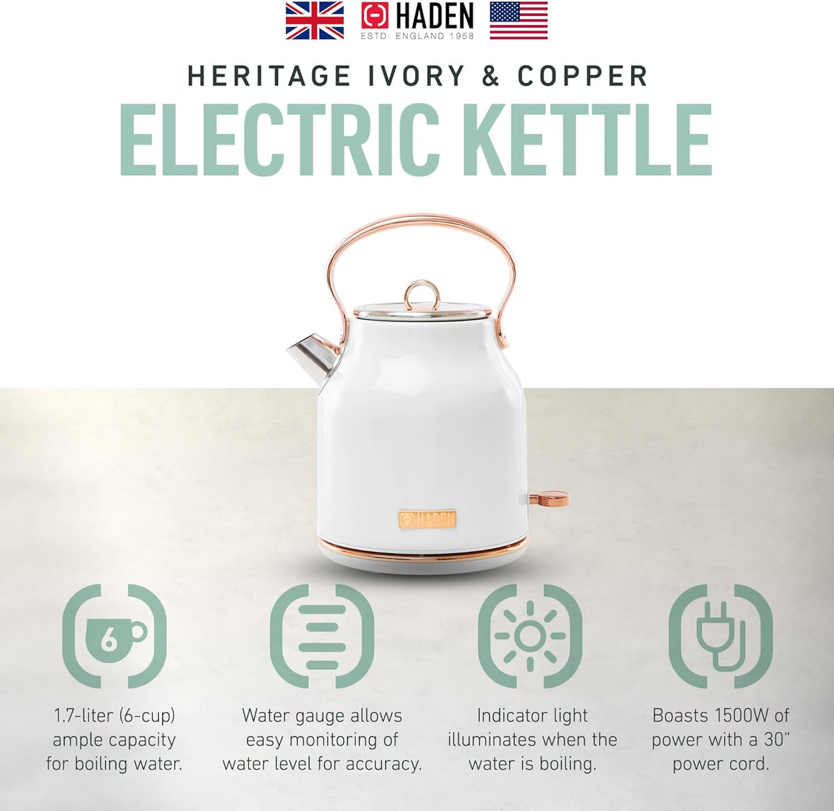 Haden Heritage 1.7 Liter Stainless Steel Electric Kettle, Hot Water Kettle with 360-Degree Base and Auto Shutoff, Ivory & Copper