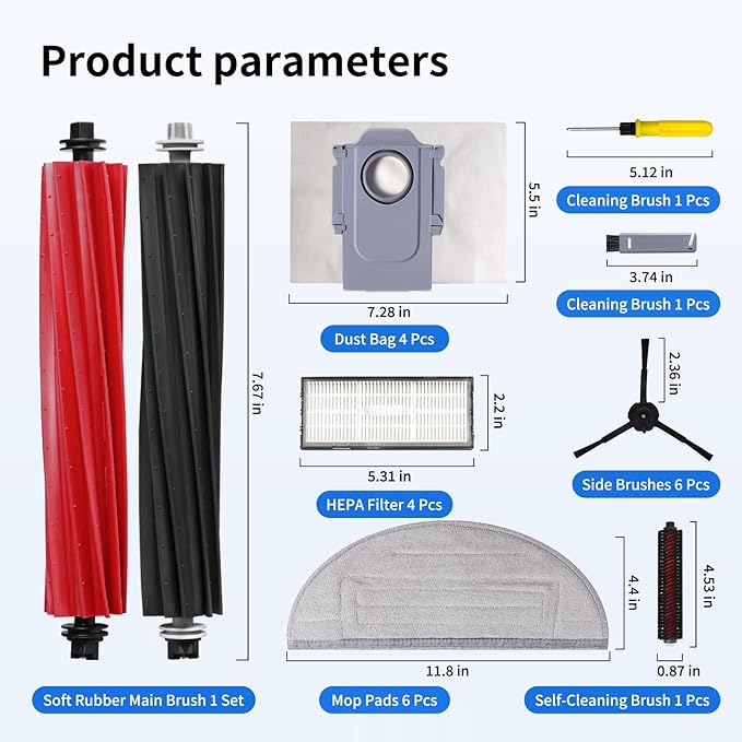 23 PCS Accessories Kit Compatible with Roborock S8 Pro Ultra Robot Vacuum Cleaner,6 Side Brushes,4 HEPA Filters,4 Dust Bags,1 Cleaning Brush,2 Main Brushes,4 Mop Pads,2 Tools