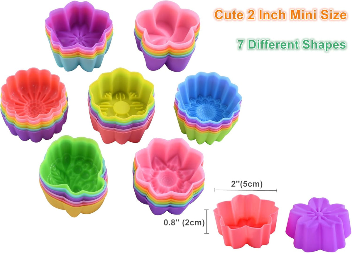 Reusable Silicone Baking Cups, 2 Inch Mini Size Silicone Cupcake Liners for baking, Multi Flower Shapes reusable Muffin Liners, Pack of 42