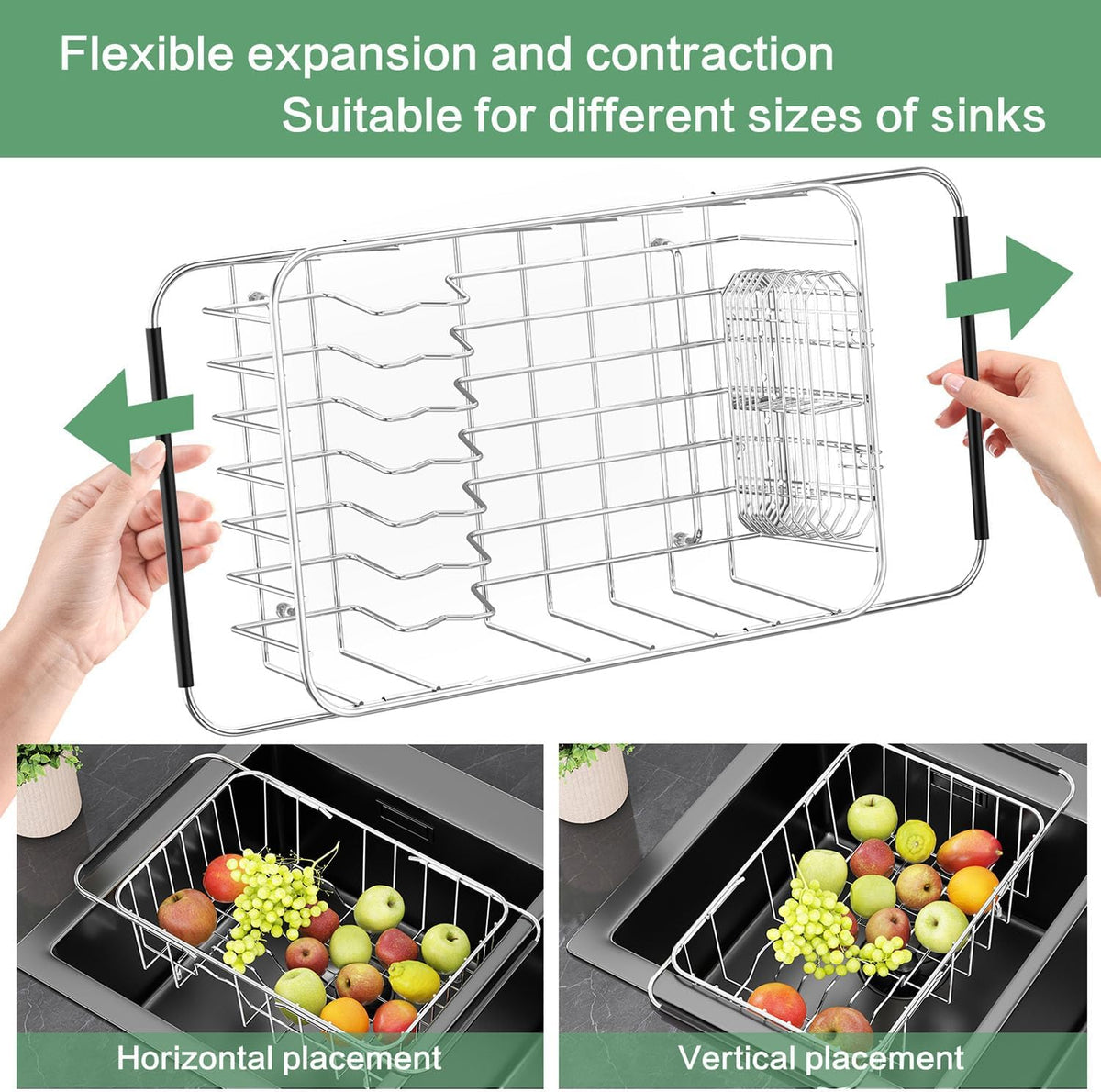 Dish Drainer Rack in Sink Adjustable, Expandable 304 Stainless Steel Metal Dish Drying Rack Organizer with Stainless Steel Utensil Holder Over Inside Sink Counter, Rustproof