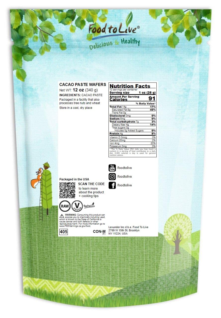 Food to Live Cacao Paste Wafers, 12 Ounces - Premium Raw Cacao Liquor, Pure, Unsweetened, Vegan, Bulk. Rich in Antioxidants, Essential Minerals. Perfect for Homemade Desserts, Chocolate Bars