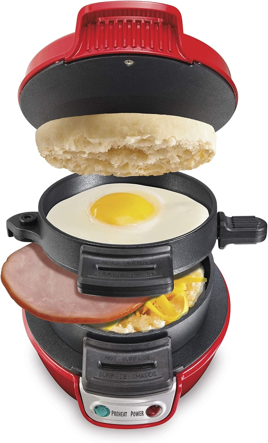 Hamilton Beach Breakfast Sandwich Maker with Egg Cooker Ring, Customize Ingredients, Perfect for English Muffins, Croissants, Mini Waffles, Perfect White Elephant Gifts, Red (25476)