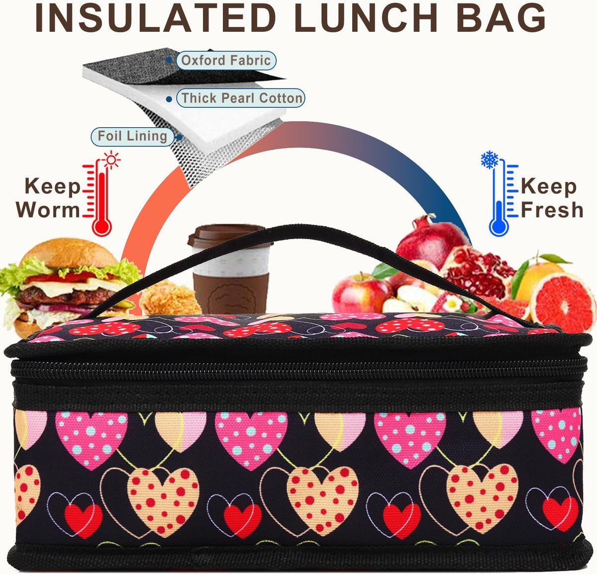 FlowFly Small Lunch box Insulated Soft Bag Mini Cooler Back to School Thermal Meal Tote Kit for Kids, Girls, Boys,Women,Men, Heart