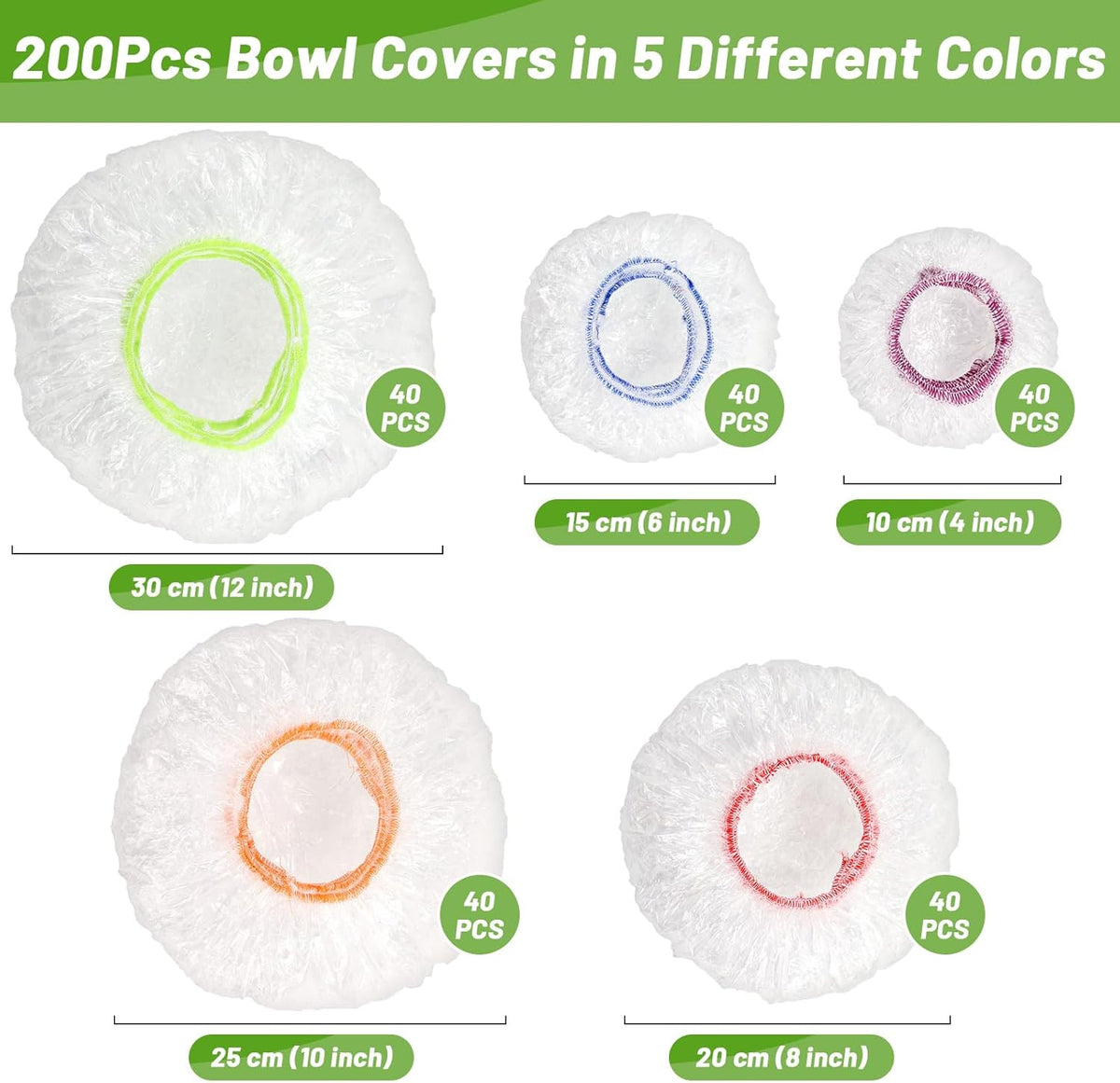 200Pcs Reusable Plastic Bowl Covers - 5 Sizes With Elastic, Food Grade Safe Material