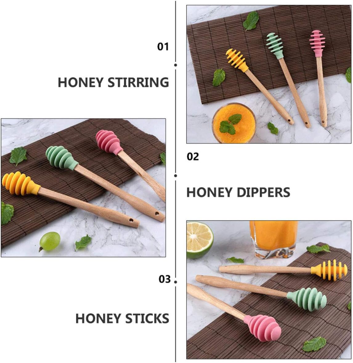 Silicone Honey Dipper Sticks, 3PCS Spiral Design Non-Drip Honey Spoon with Jar Stirring Rod, Food-Grade BPA Free Dispenser for Syrup, Jam & Beverages