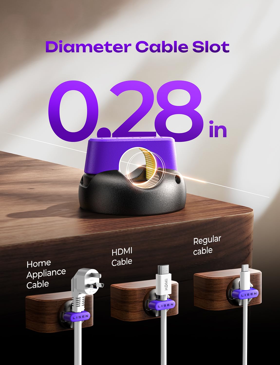 10-Pack Magnetic Cable Clips [1S Snap-On] Cord Holder, LISEN Office Desk Organizers and Accessories with 5 Extra Strong Adhesive Pads, Wire Organizer for Nightstand, Home, Wall, Car, Desktop, Purple