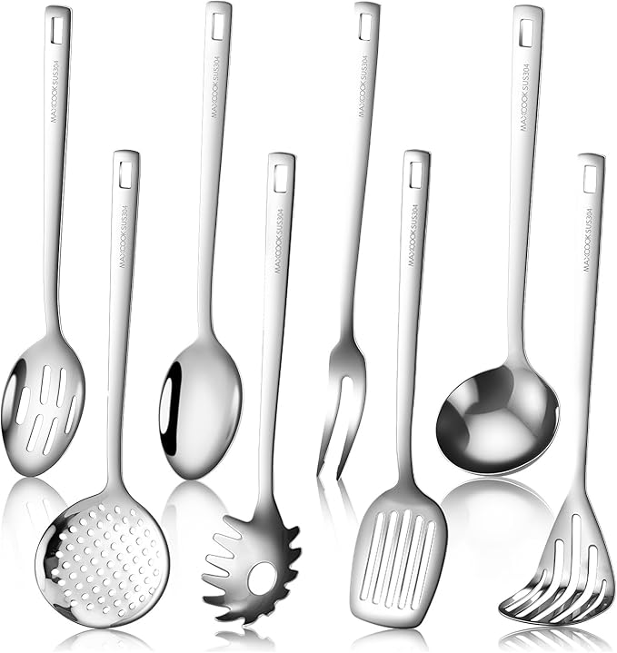 18/8 Stainless Steel Cooking Utensil set, 8 Pieces Metal Kitchen Utensils set, Slotted Spoon,Meat Fork,Ladle,Skimmer,Spatula,Spaghetti Server,Large Spoon,Masher (Dishwasher Safe, Silver)