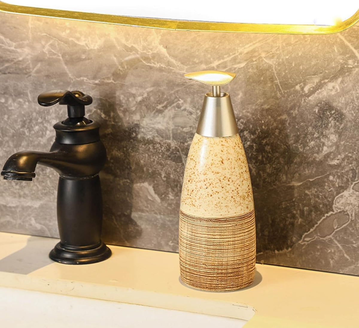 Ceramic Soap Dispenser with Plastic Pump – 12oz Refillable Liquid Dispenser for Bathroom, Kitchen, Office, Hotel, Airbnb, or Vacation Rental (Type B)