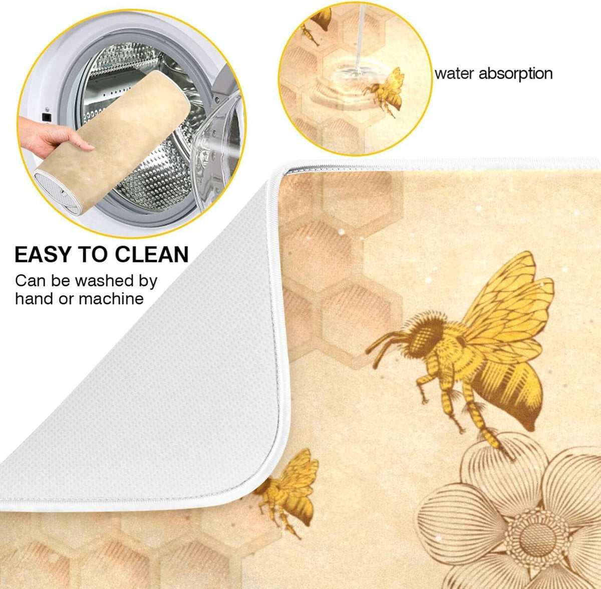 Super Absorbent Dish Drying Mat, Microfiber Fast-Drying Dish Mat, 24" x 18", Kitchen Dish Drying Pad, Sunflower Bee Retro