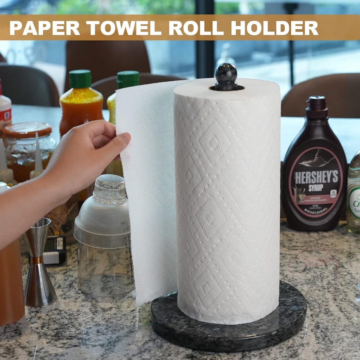 Koville Norwegian Natural Granite Paper Towel Holder Countertop, Genuine Stone Paper Towel Holder Stand for Kitchen Organization/Storage, Fit for Standard or Jumbo-Sized Rolls(Blue Pearl)
