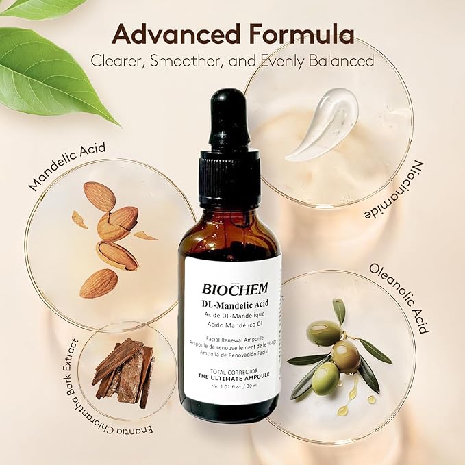 BIOCHEM DL-Mandelic Acid 10% Facial Renewal Ampoule - Gentle AHA Exfoliation Treatment for Discoloration, Dullness, Uneven Skin Tone, Wrinkles, and Fine Lines for All Skin Types - 1.01 Fl. Oz. / 30 mL