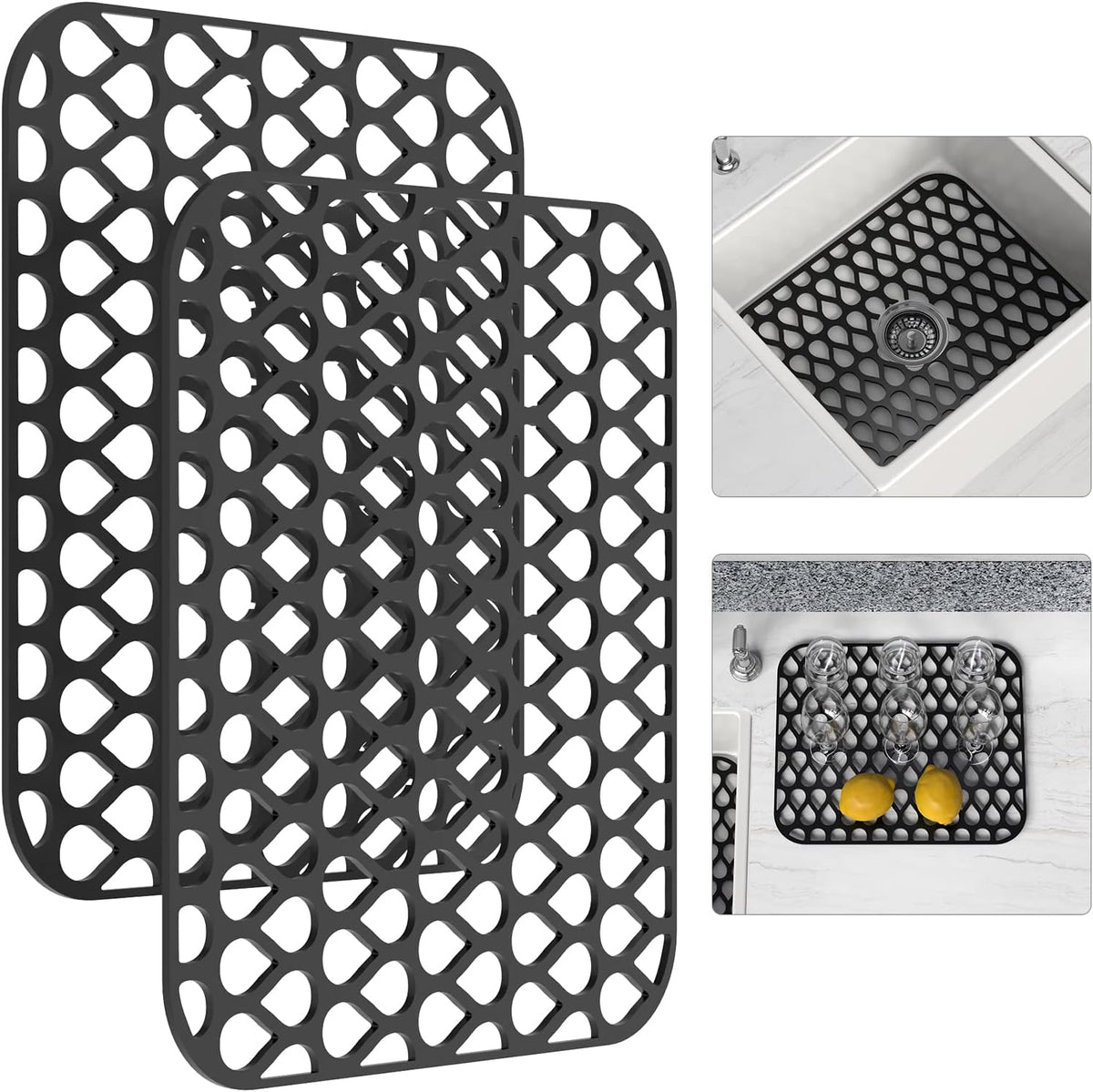 Silicone Sink Mat 2PCS TOOVEM Cistern Protectors for Kitchen Sink, Grid Non-Slip Folding Kitchen Sink Mats for Bottom of Stainless Steel Porcelain Cistern- Black