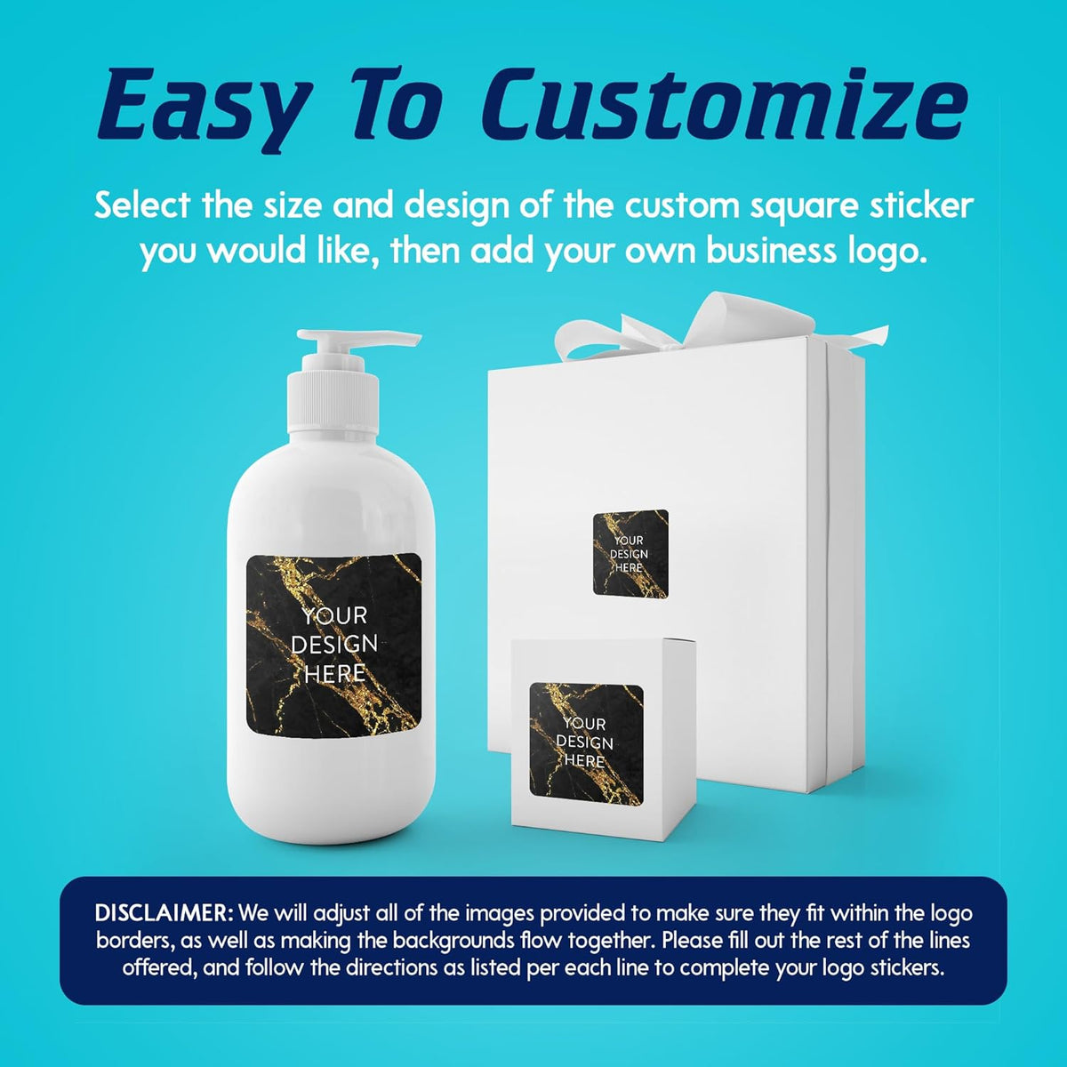100 Custom Vinyl Stickers - Upload Your own Image, Text, Design, Logo - Personalized Logo Labels for Handmade, Packaging, Bottle, Jars, Candle, Brand Stickers (Black Gold Marble, 5x5 Square)