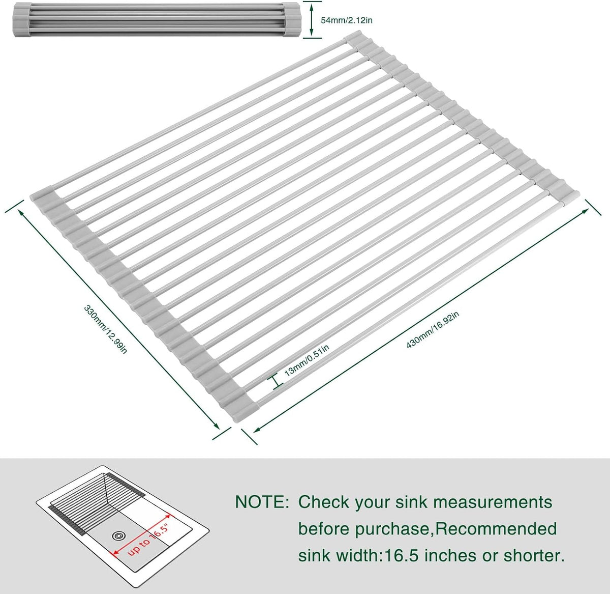 Roll Up Dish Drying Rack Over The Sink Kitchen Roll Up Sink Drying Rack Multipurpose Foldable Sink Drying Mat, Heat-Resistant, Anti-Slip & Anti-Rust Dish Rack for Kitchen, 17" x 13", Grey
