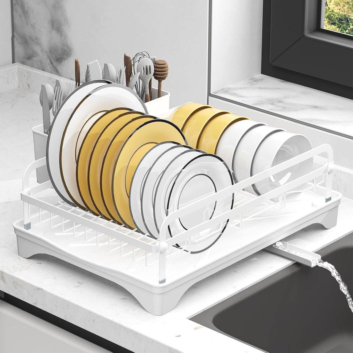 Dish Drying Rack,Dish Racks for Kitchen Counter, Metal Dish Drainer with Adjustable Drainage Spout, Removable Knife and Fork Holder (White)