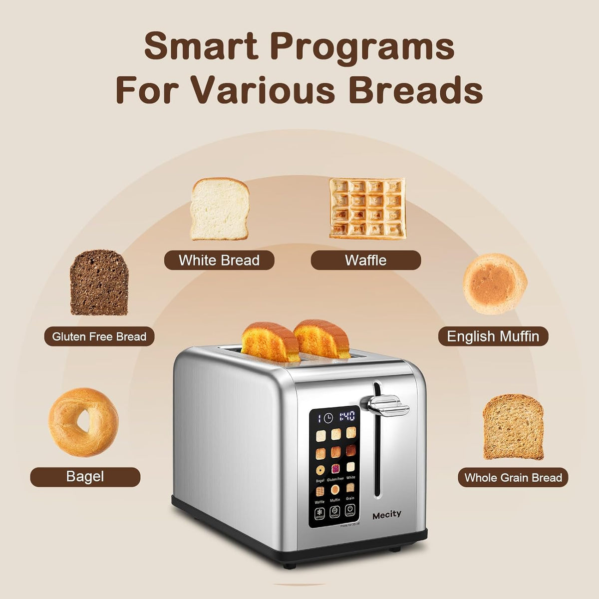Mecity 2 Slice Toaster Touch Screen 1.5" Wide Slot, Stainless Steel Smart Bread Toaster for Bagel Muffin Waffle Gluten Free Breads, Timer, Defrost, Reheat, 120V 825W
