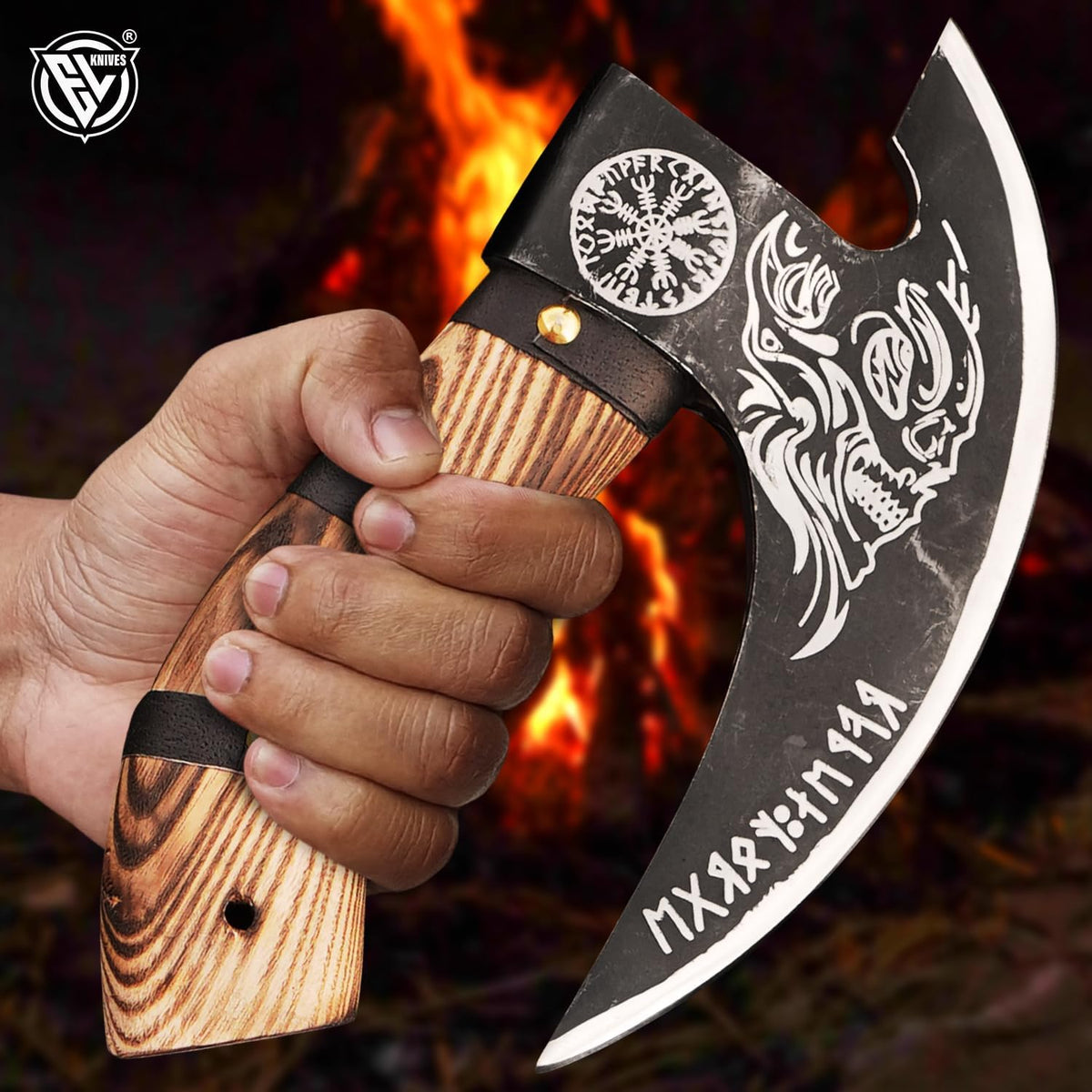 Edgelandknives® Multipurpose Viking Pizza Axe with Sheath, Viking Butcher Axe, Viking Pizza Cutter Axe - Burned Wood Handle & Heavy Duty Viking Skull Head - Perfect for Cutting Pizza, Meat, Vegetables