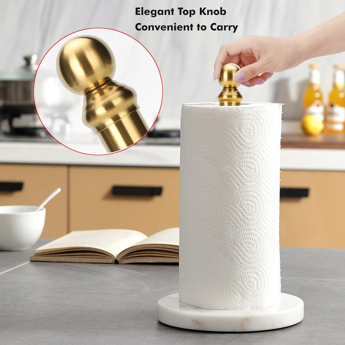 Gold Paper Towel Holder Countertop, Standing Paper Towel Roll Holder for Kitchen Bathroom, with Weighted Base for One-Handed Operation