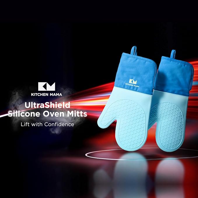 Kitchen Mama UltraShield Silicone Oven Mitts – Heat Resistant, Non-Slip Surface, Durable, Safe, Pot Holders, Flexible Waterproof Glove Set, Perfect for Cooking, Baking, Grilling, BBQ (Blue)