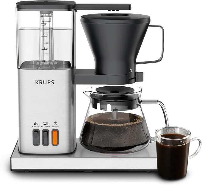 KRUPS Essential Brewer 8 Cup Drip Coffee Maker Machine, SCA-Certified, Blooming Technology, Barista-Quality, Pour Over Coffee Machine, Easy to Clean, Stainless Steel Design, Silver