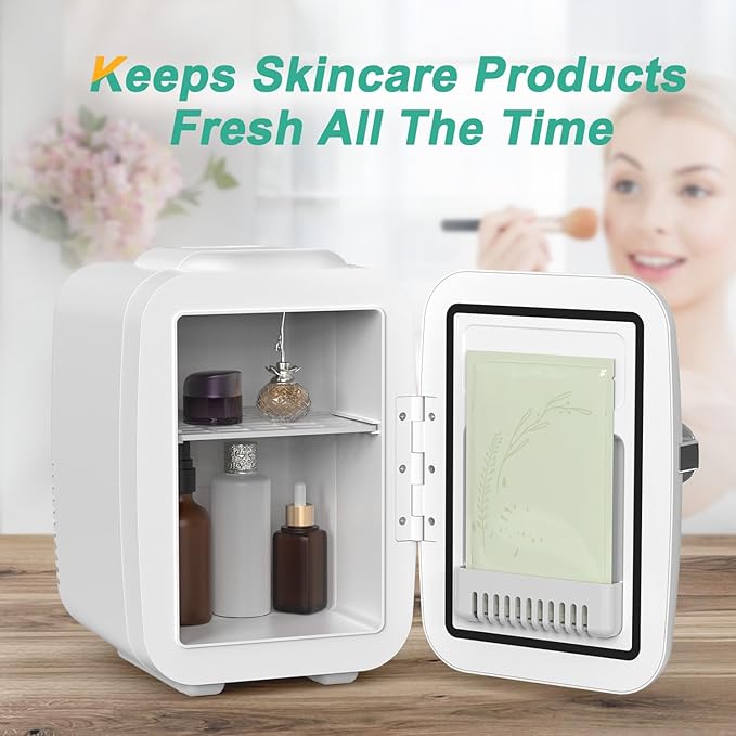 CROWNFUL Mini Fridge, 4 Liter/6 Can Portable Cooler and Warmer Personal Refrigerator for Skin Care, Cosmetics, Beverage, Food,Great for Bedroom, Office, Car, Dorm, ETL Listed (White)