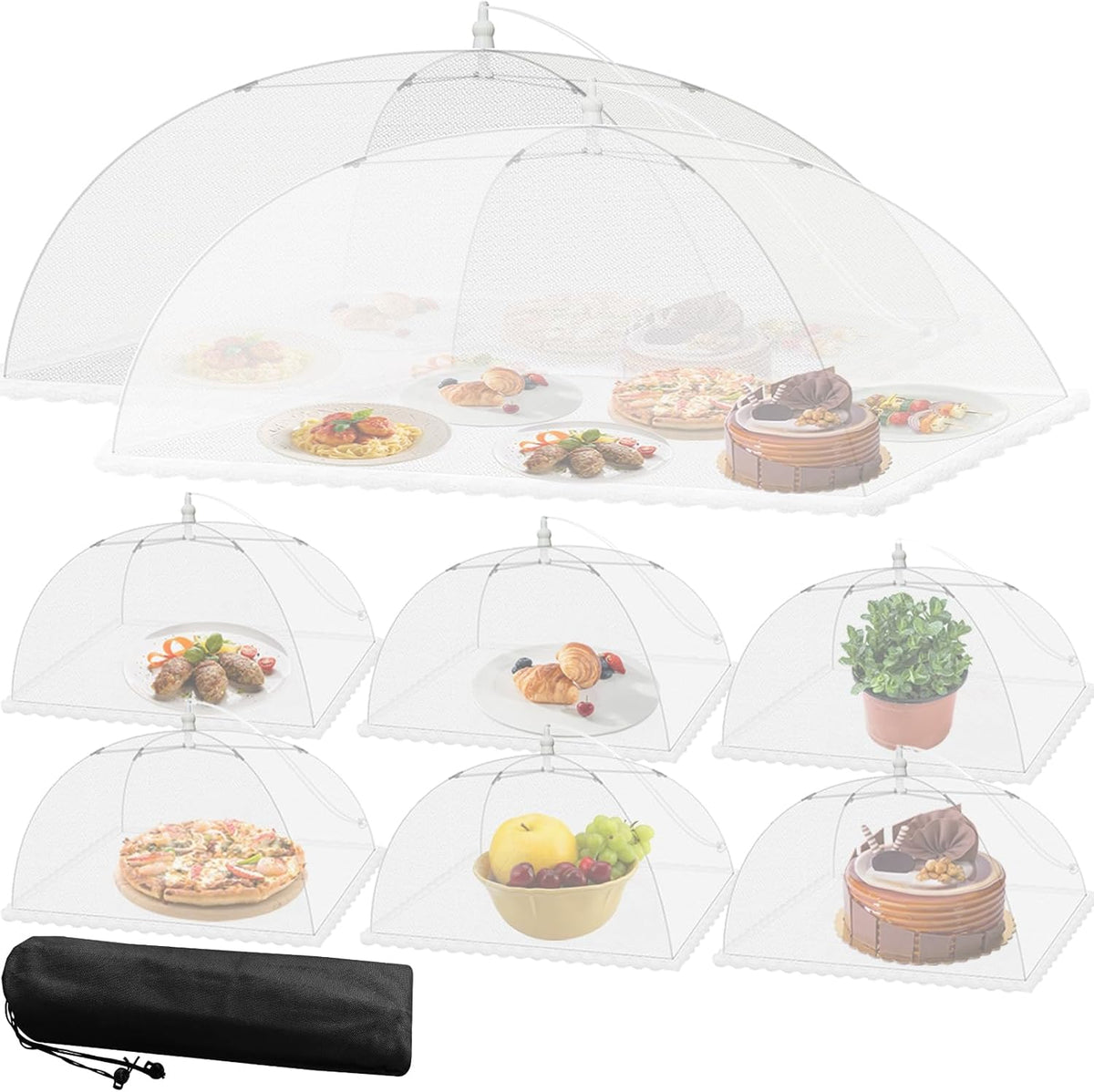 Mesh Food Covers for Outside - 8 Pack Upgraded 2 Extra Large 40x24 in & 6 Large 17x17 in Food Tent Food Cover Outdoors Party Collapsible Picnic Nets Umbrella Mesh Screen Pop Up Food Dome (White)