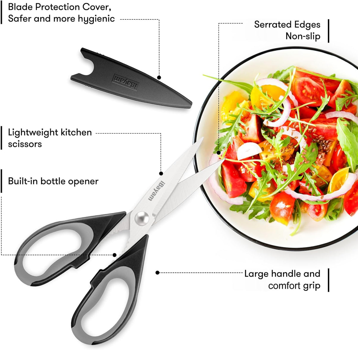 Kitchen Gadgets Utensils Set for Home, iBayam 8.5" Kitchen Scissors with Sheath, Black Cooking Scissors, All Purpose Shears