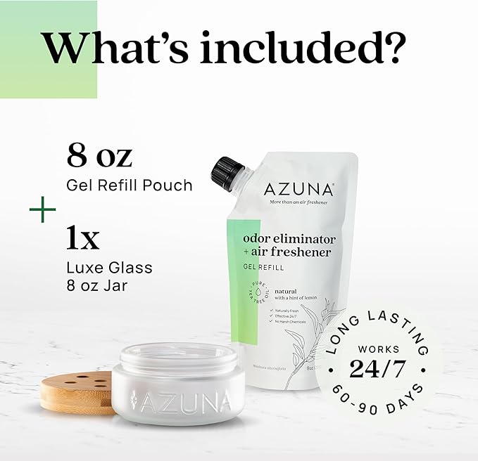 Azuna Air Freshener & Odor Eliminator for Strong Odor | 1 Room Kit Includes (1) Empty Luxe Glass Jar & 8oz Refill with Tea Tree Essential Oil Gel | Natural Scent | Last 60-90 Days