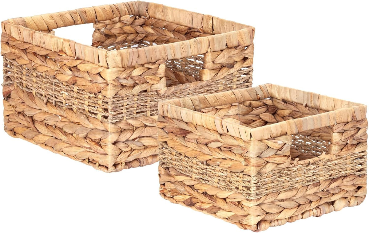 Wicker Storage Baskets with Built-in Handles, Natural Water Hyacinth and Seagrass, Decorative Handmade Storage Baskets for Organizing, Set of 2, Large and Small