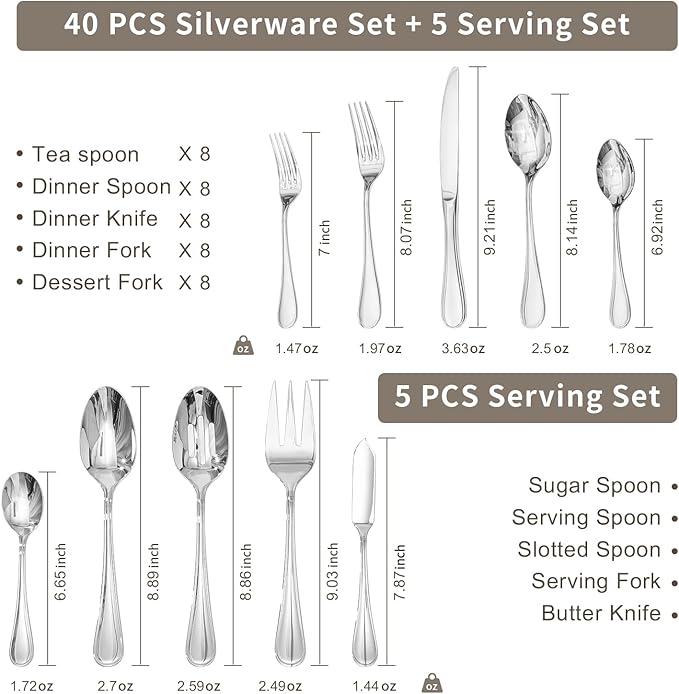 KINGSTONE 45 Piece Silverware Set for 8 with Serving Utensils, 18/10 Stainless Steel Flatware Set, Modern Design Cutlery Set for Home/Hotel/Wedding,Mirror Polished and Dishwasher Safe