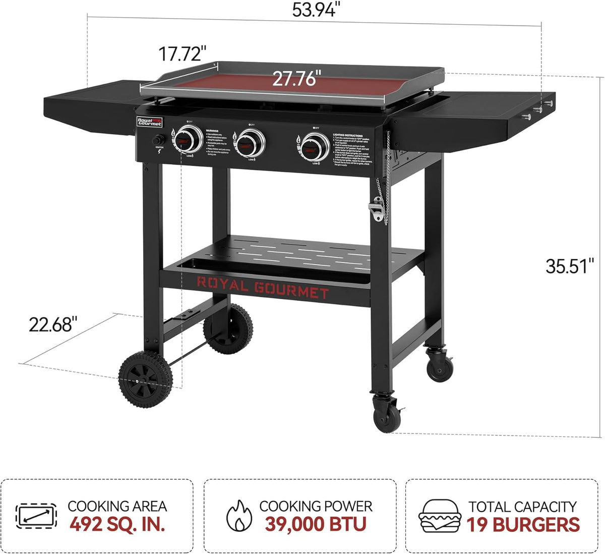 Royal Gourmet GB3000H 3 Burner Propane Gas Griddle with Foldable Side Tables, 28-Inch Flat Top Grill with 492 Sq. In. Cooking Area for Backyard and Tailgating, Black