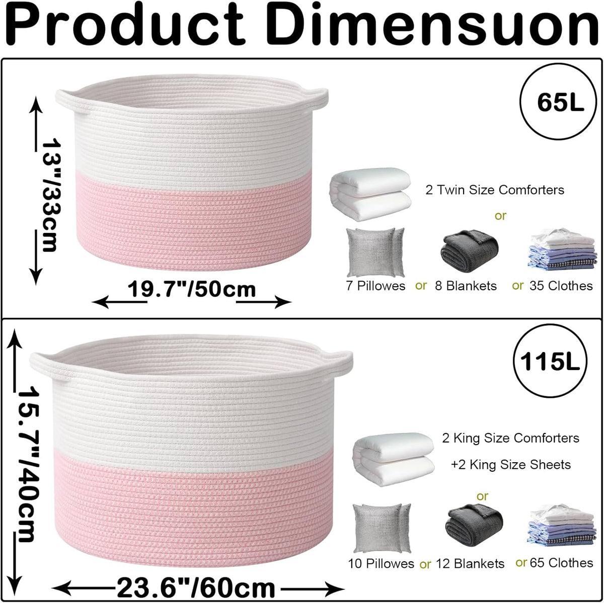 Large Blanket Basket for Organizing,65L Closet Organizers and Storage Bins Box for Shelves Woven Rope Storage Baskets,Living Room,Bedroom,Dorm,Laundry room (White&Pink)