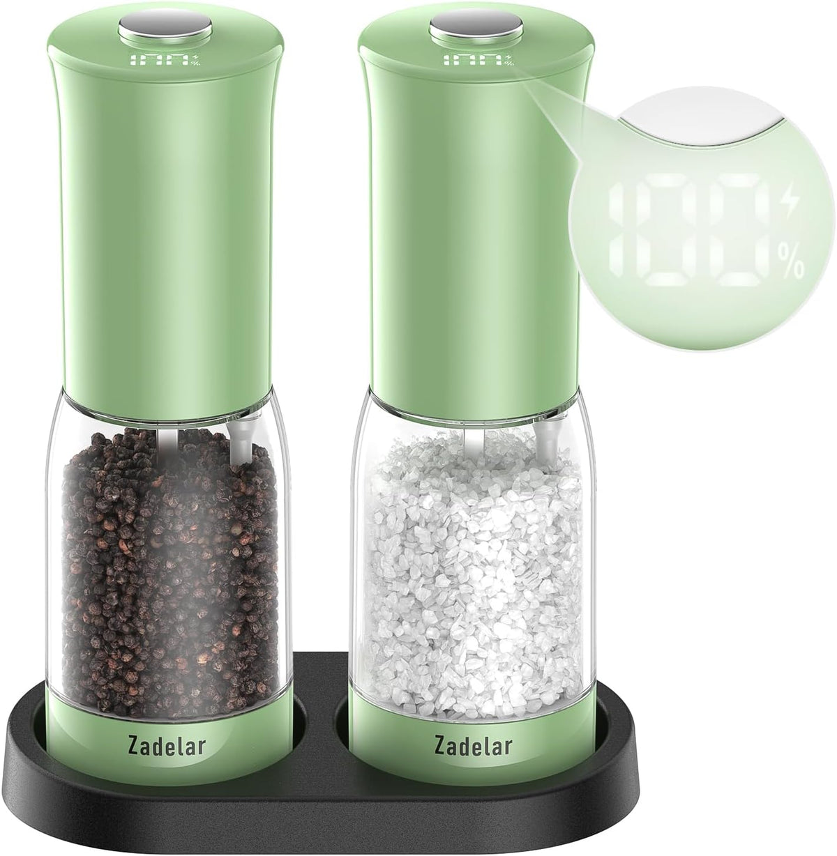 Electric Salt and Pepper Grinder Set with LED Power Display,Larger Capacity Salt and Pepper Shakers Set Rechargeable Electric with Flexible Coarsenes,LED Light,One Hand Operation for Kitchen(Green)