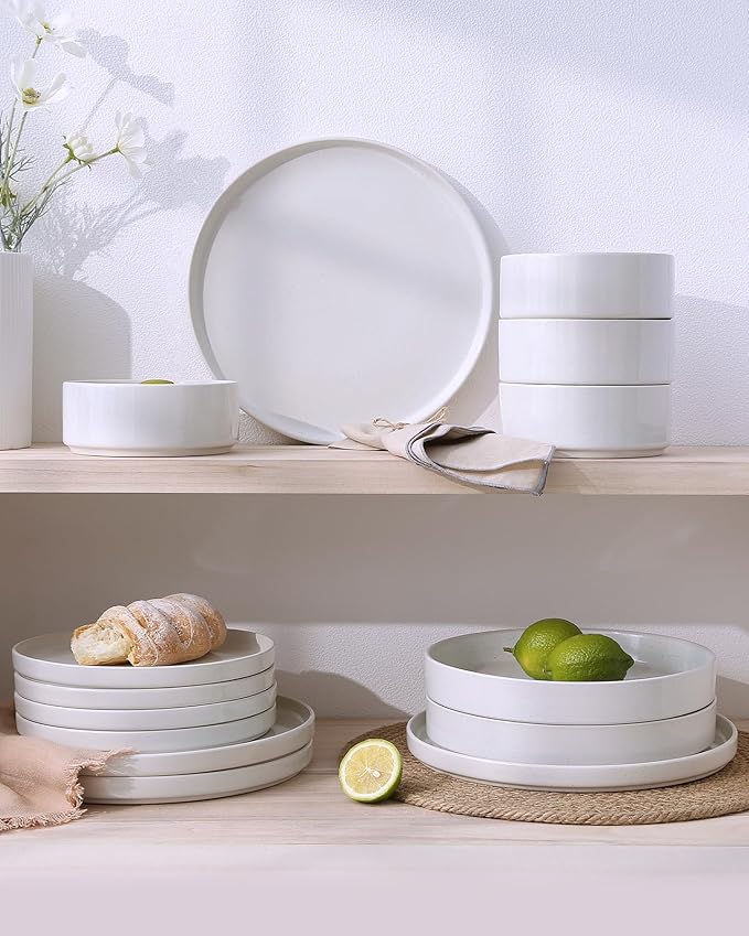 Famiware Nebula Plates and Bowls Sets, 18 Pieces Dinnerware Sets, Dishes Set for 6, White