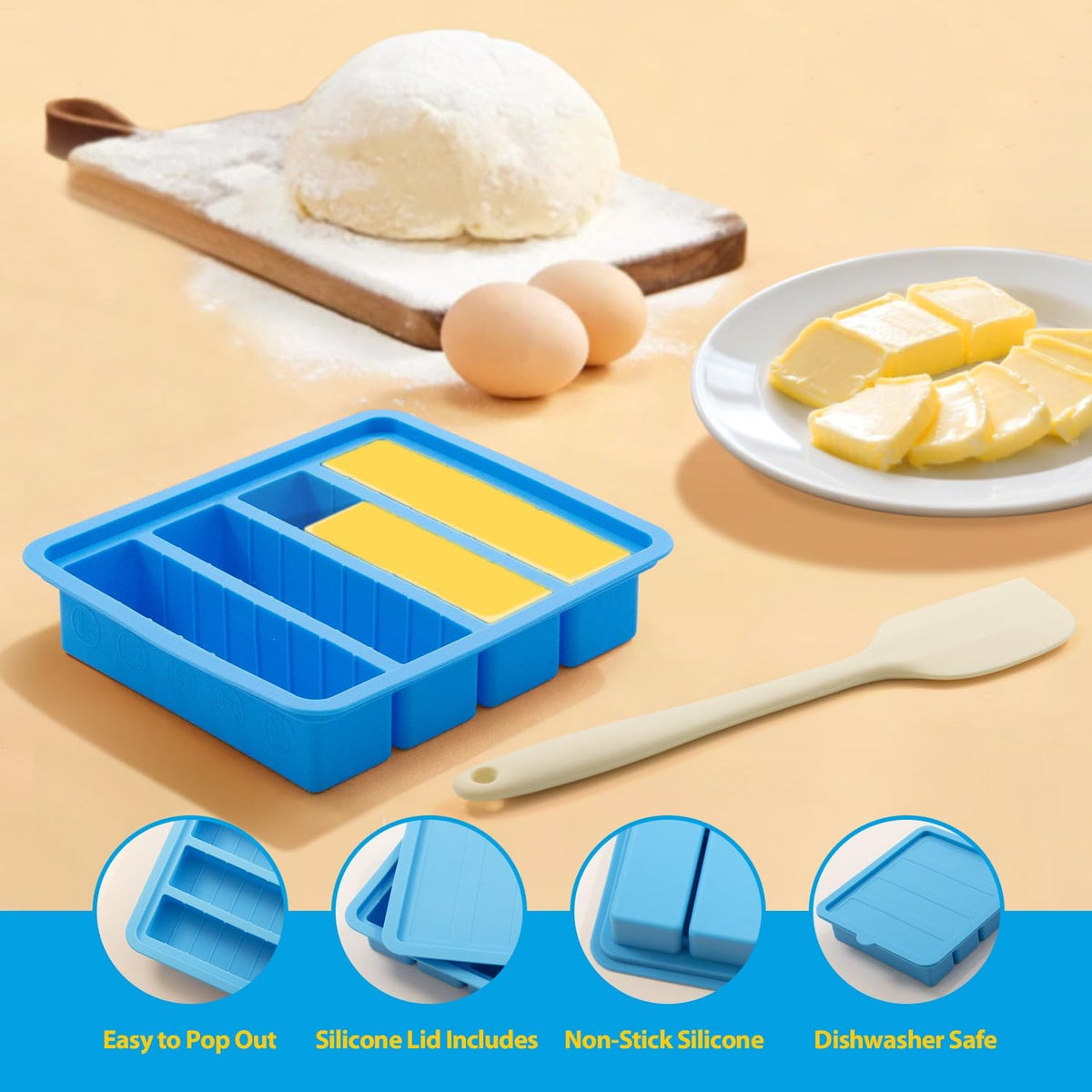 2PCS Silicone Butter Mold with Lid & Spatula, Non-Stick Butter Maker Tray and Container for Homemade Butter Storage, Baking, Freezing